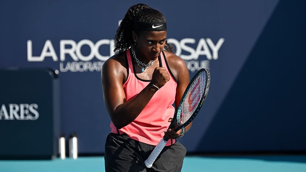 Hailey Baptiste of the United States reacts after winning the point, against, Jelena Ostapenko of Latvia on Day 7 of the Miami Open.