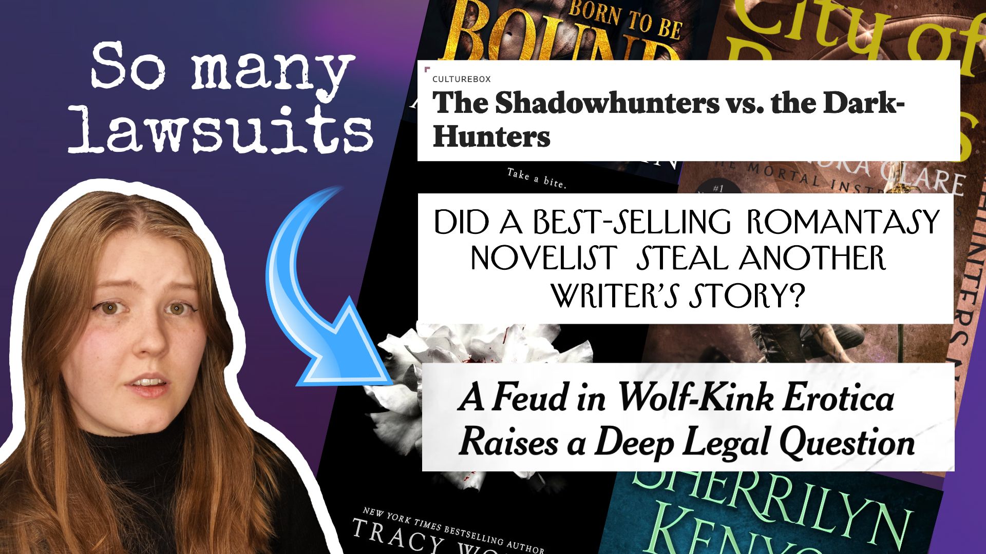 A YouTube thumbnail featuring headlines about plagiarism scandals related to paranormal romance novels.