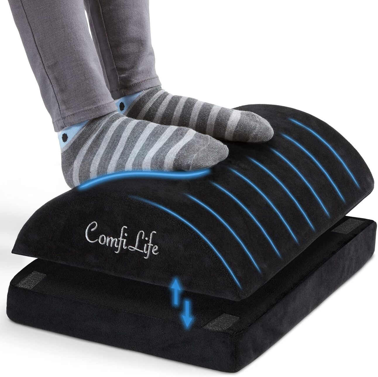 ComfiLife Foot Rest Alt Text: Ergonomic under-desk footrest with memory foam and adjustable height, designed for posture and back pain relief.