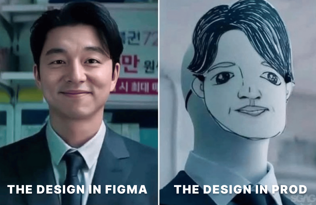 A guy labeled "Design in figma" and a bad drawing of the same guy labele "design in prod."