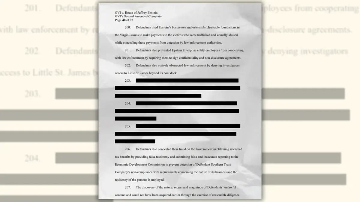 A screenshot of a page from the Epstein files, in which paragraphs numbered 203, 204, and 205 are entirely blacked out by redactions