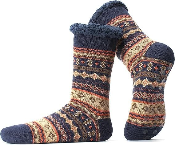 Men’s Fuzzy Slipper Socks Alt Text: Thermal fuzzy slipper socks with Sherpa lining and non-slip grippers, ideal for cozy lounging and cold weather comfort.