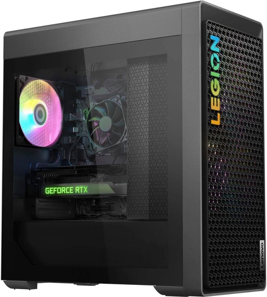 Lenovo Legion Tower 5 – The Console Companion A clean and compact gaming desktop with soft RGB glow, set beside a PS5 and controller, in a modern entertainment setup with a large 4K TV.