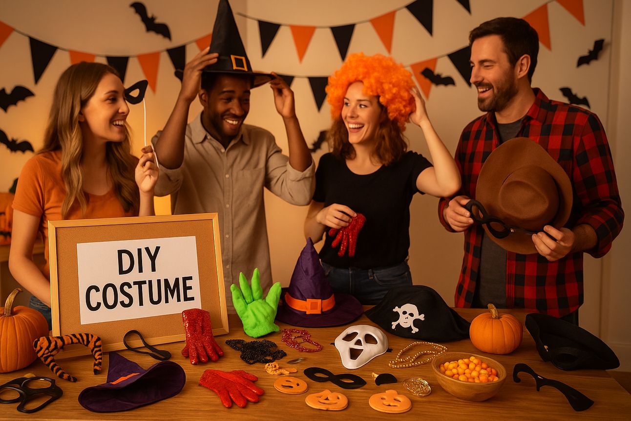 Four adults smile and laugh as they browse a DIY costume station at a Halloween party. A table is filled with assorted accessories including hats, wigs, gloves, masks, jewelry, and headbands. A “DIY COSTUME” sign sits prominently in front, while festive decorations like pumpkins, candy corn, and paper bats enhance the playful, party atmosphere.