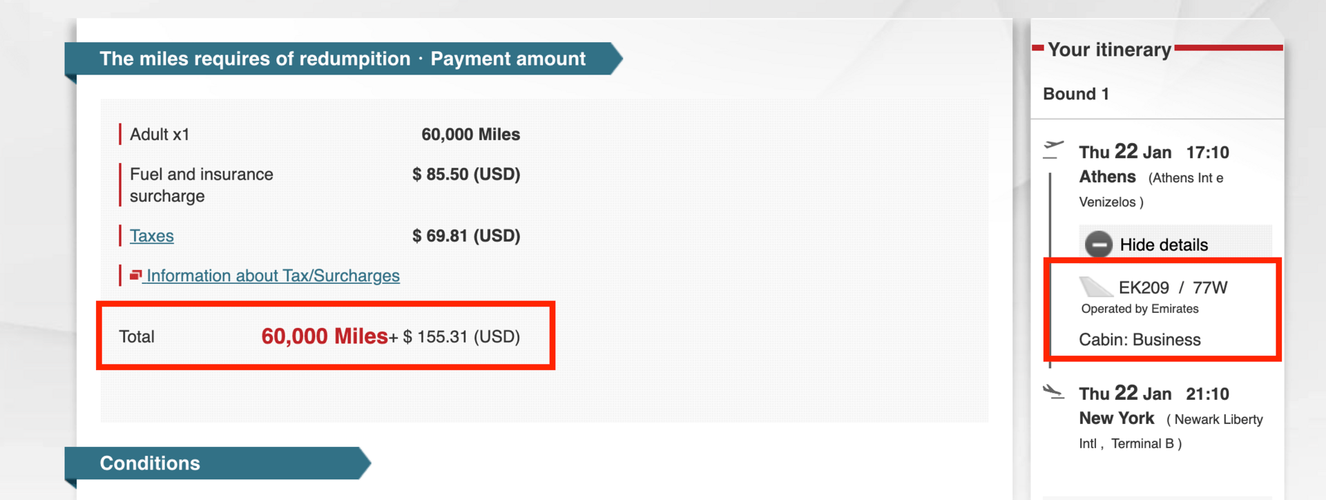 Emirates business class with JAL miles