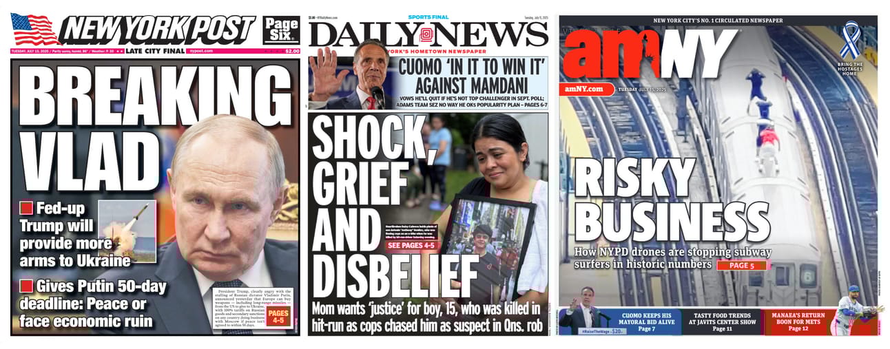 New York Newspaper Front Pages for July 15th, 2025