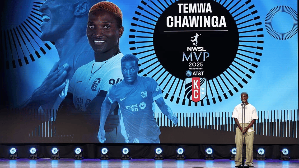 Temwa Chawinga #6 of Kansas City Current receives the Most Valuable Player award, presented by AT&T during the 2025 NWSL Awards Presented by AT&T at Montgomery Theater on November 19, 2025 in San Jose, California. 