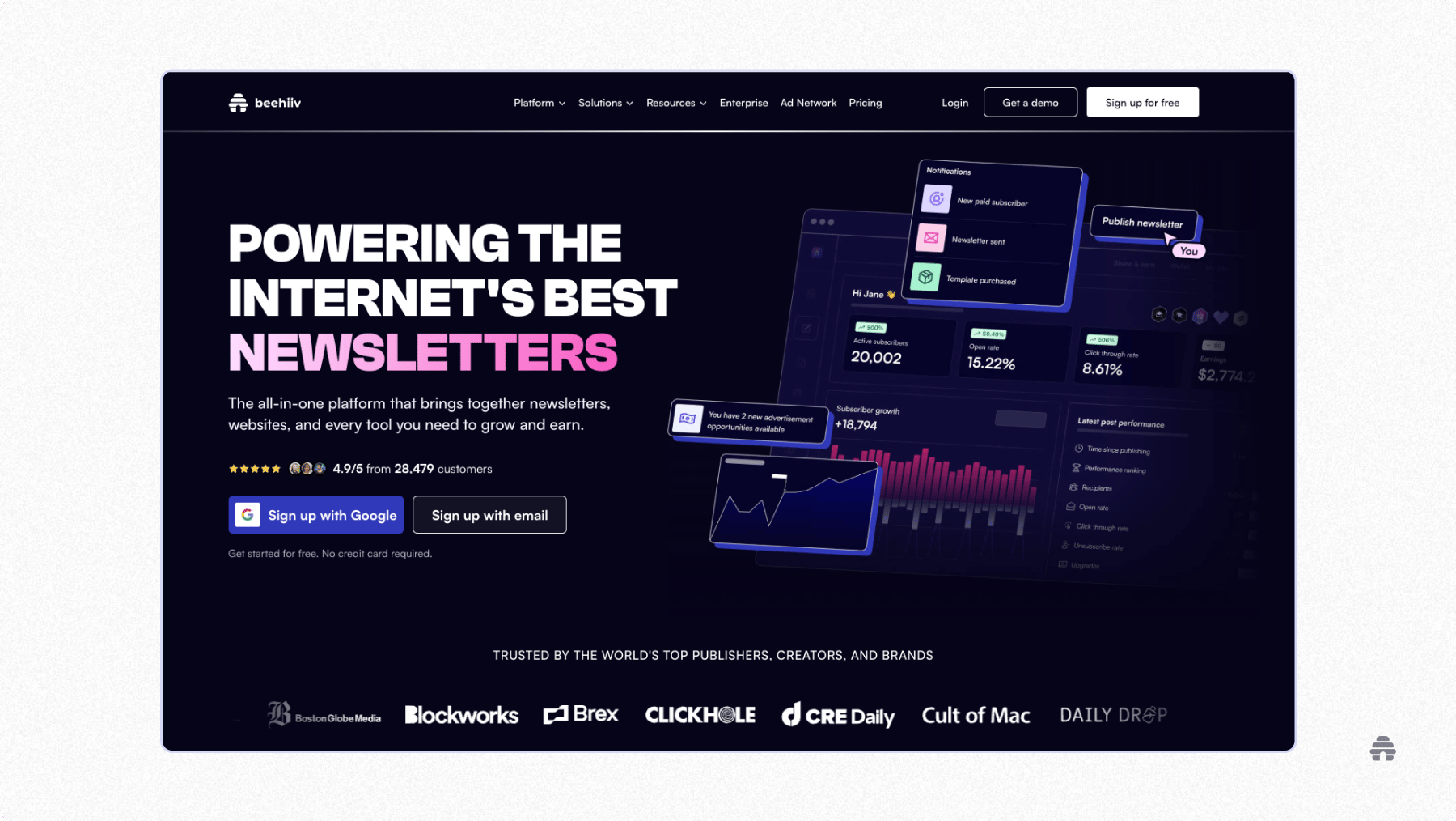 beehiiv homepage showcasing its newsletter platform with analytics dashboard, subscriber growth, and monetization tools for creators. Highlights features for building, publishing, and scaling email newsletters.