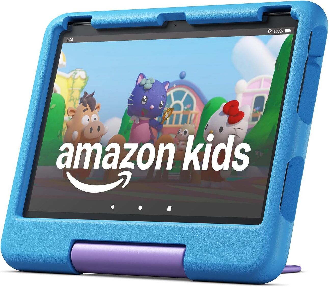 Amazon Fire HD 10 Kids Edition – A kid-friendly tablet in a colorful, impact-resistant case, highlighting its rugged build and large icons, perfect for safe and fun child use.