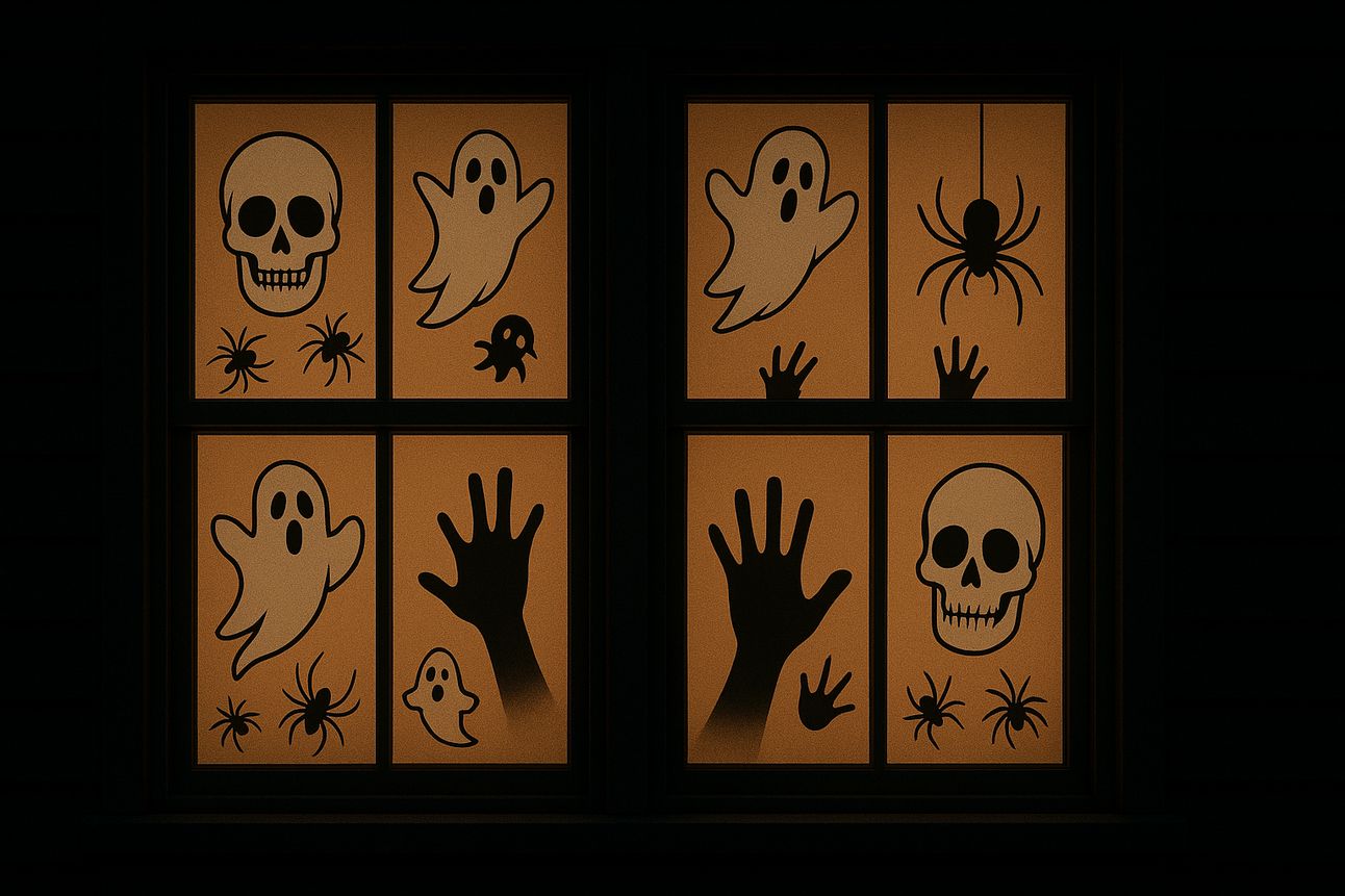 Halloween window clings on a glowing home at night, featuring spooky designs like skulls, ghosts, spiders, and hand silhouettes across four window panes.