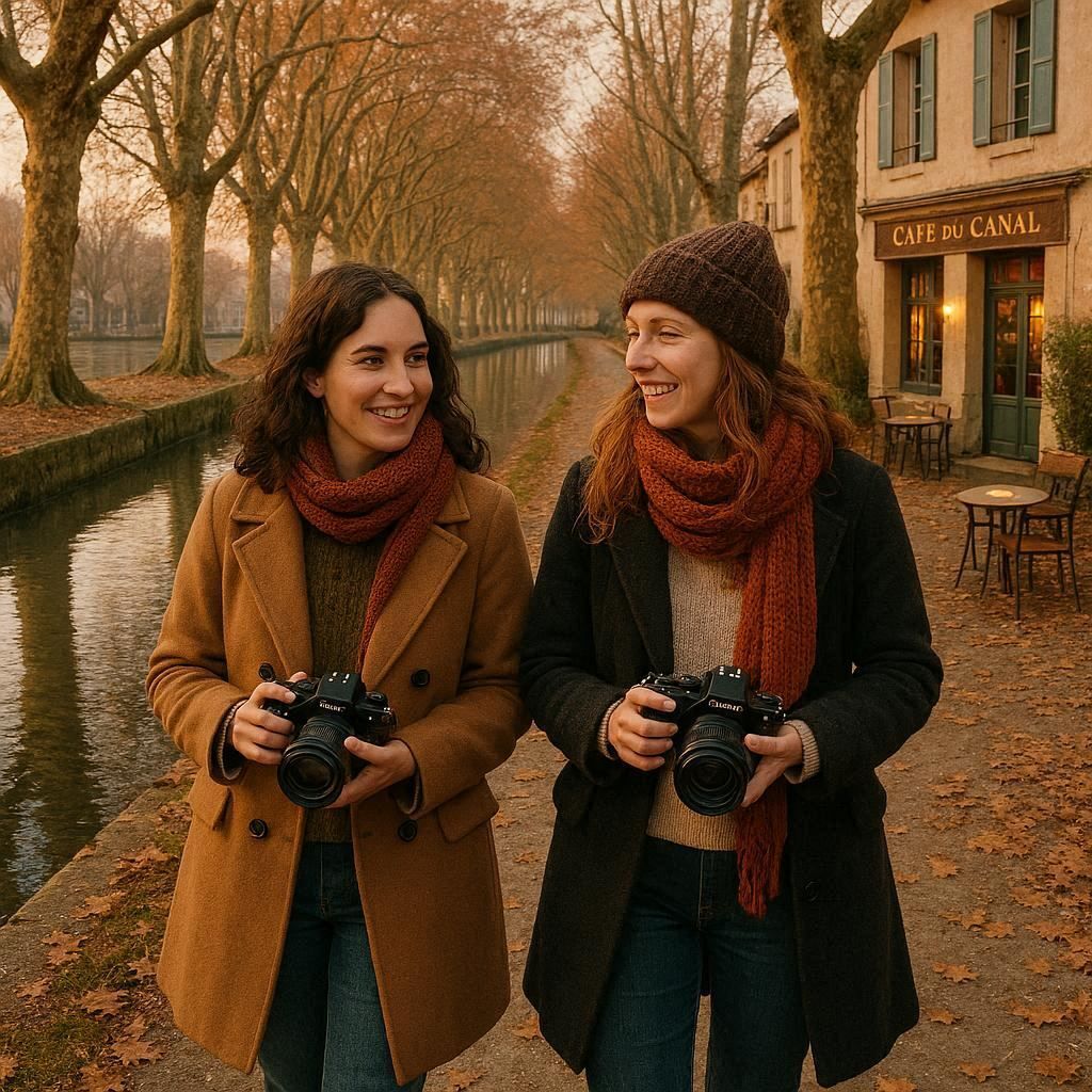 Two women with cameras walking together along a winter canal in France