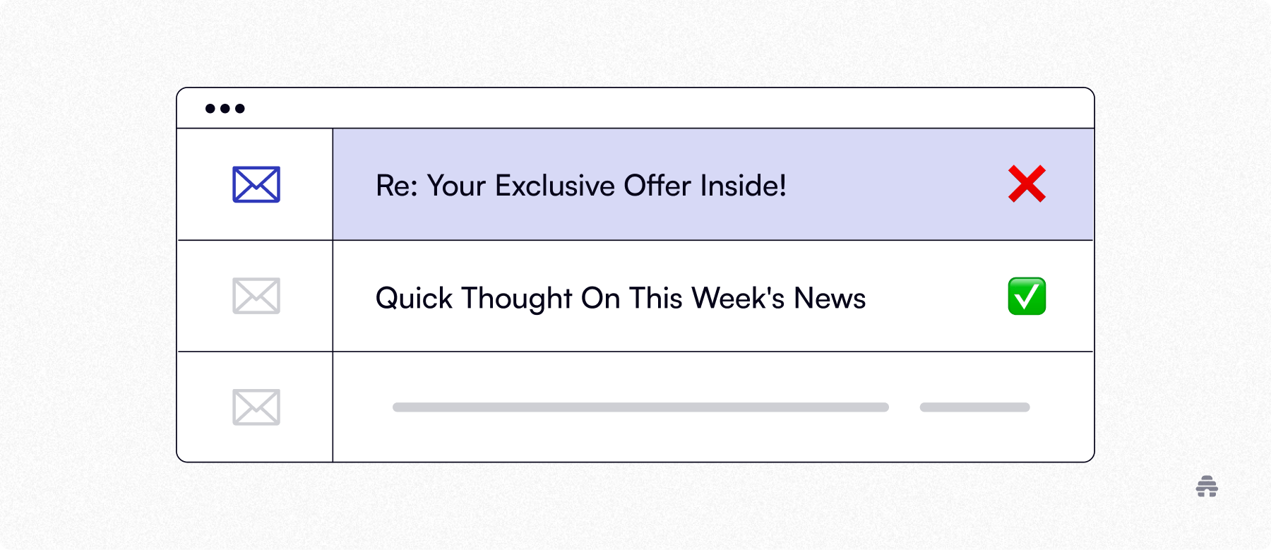 Email inbox mockup comparing subject lines, showing a promotional-style subject marked with an X and a conversational newsletter subject marked with a check to illustrate better deliverability. The graphic highlights how creator newsletters on platforms like beehiiv perform better with personal, value-driven subject lines.