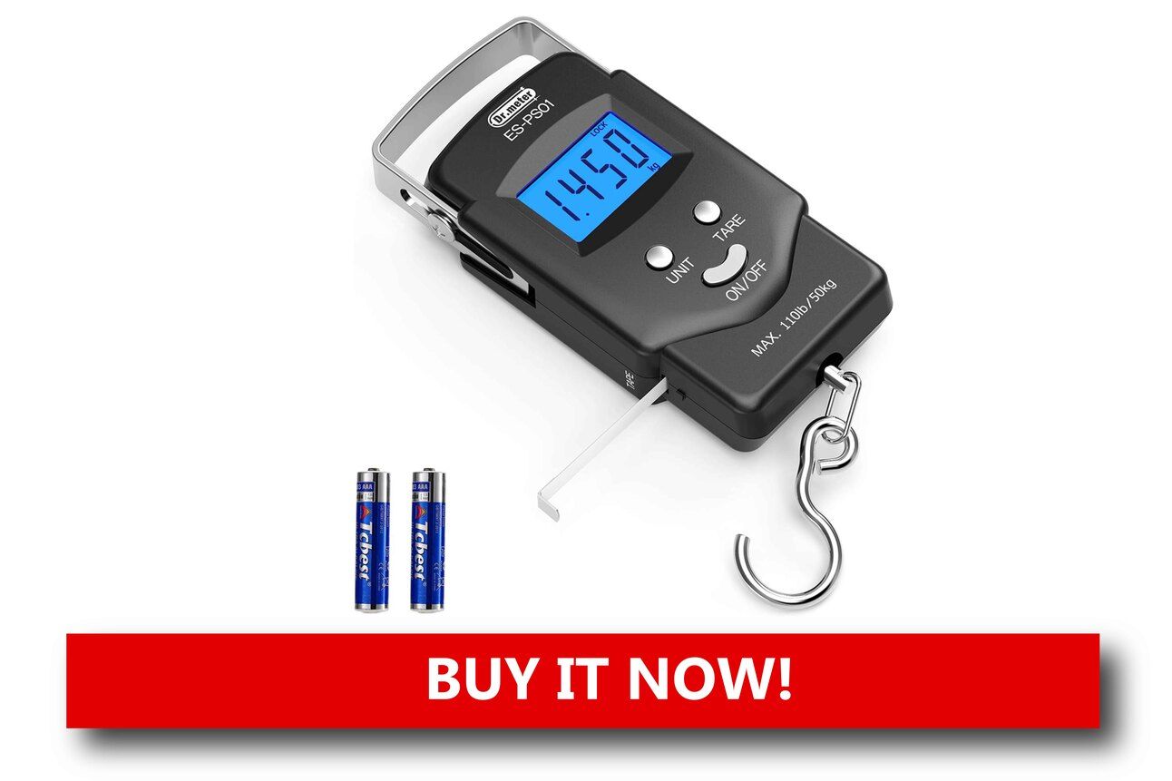 A Luggage Scale So You Don’t Get Hit With Fees A traveler holding a digital luggage scale hooked to a suitcase handle, checking the weight before heading to the airport check-in counter.