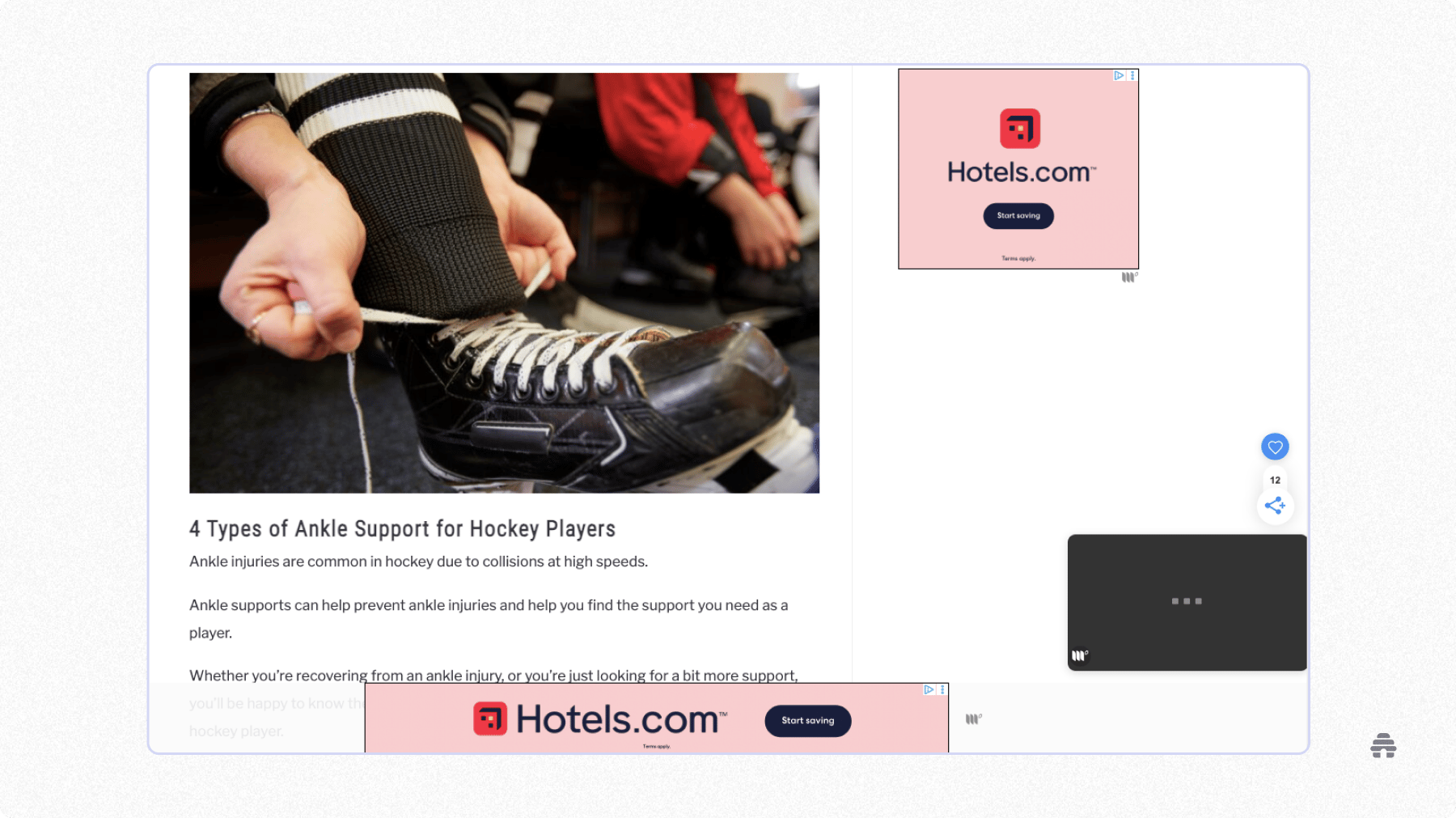 A person ties the laces on a hockey skate in a locker room, accompanying an article titled “4 Types of Ankle Support for Hockey Players” discussing injury prevention and support options for athletes.