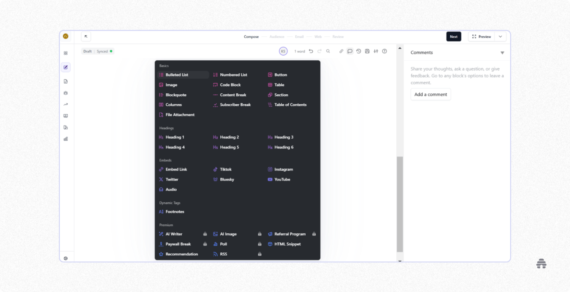 beehiiv newsletter editor showing block options like headings, embeds, buttons, and AI tools for creators to compose and customize email content.