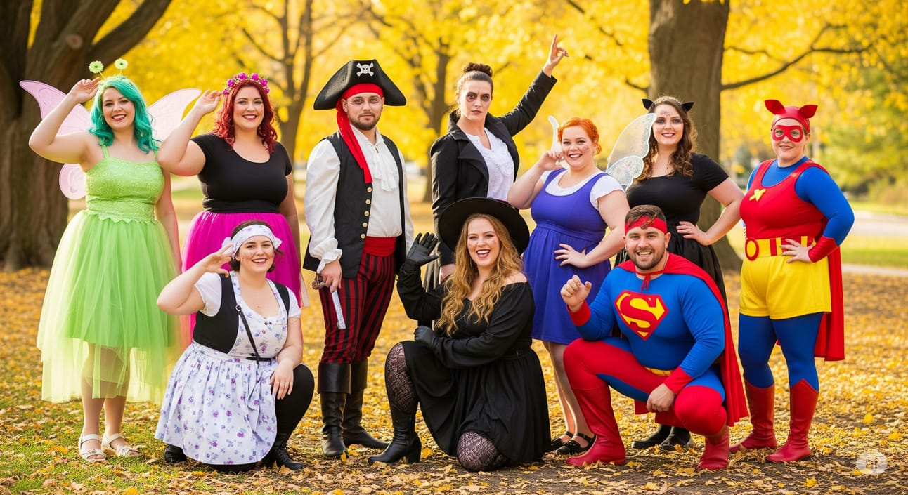 A 16:9 outdoor image showing a group of plus-size individuals confidently posing together in affordable Halloween costumes.