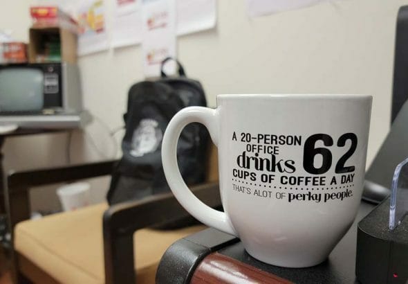 cup of coffee at Jobs On The Fly office