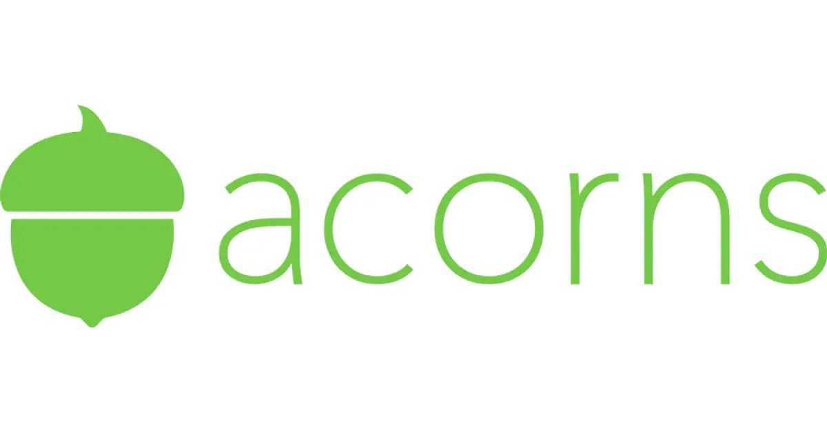 Acorns logo in green font with a green acorn in front of the name