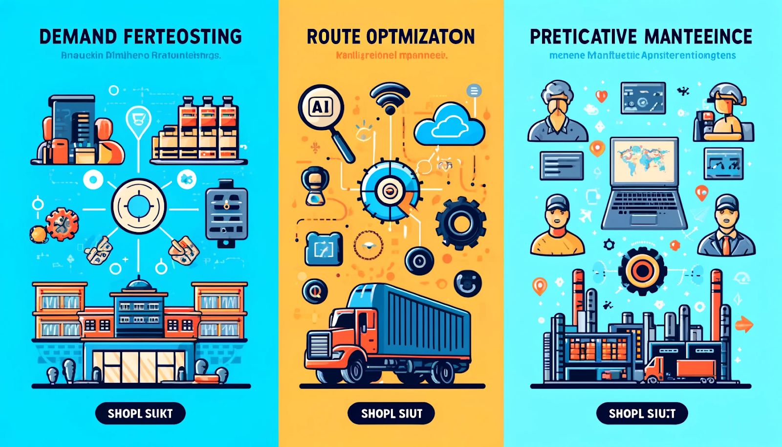 Illustration showing AI applications in three companies: demand forecasting for RetailGiant, route optimization for LogisticsPro, and predictive maintenance for ManufacturingMasters.