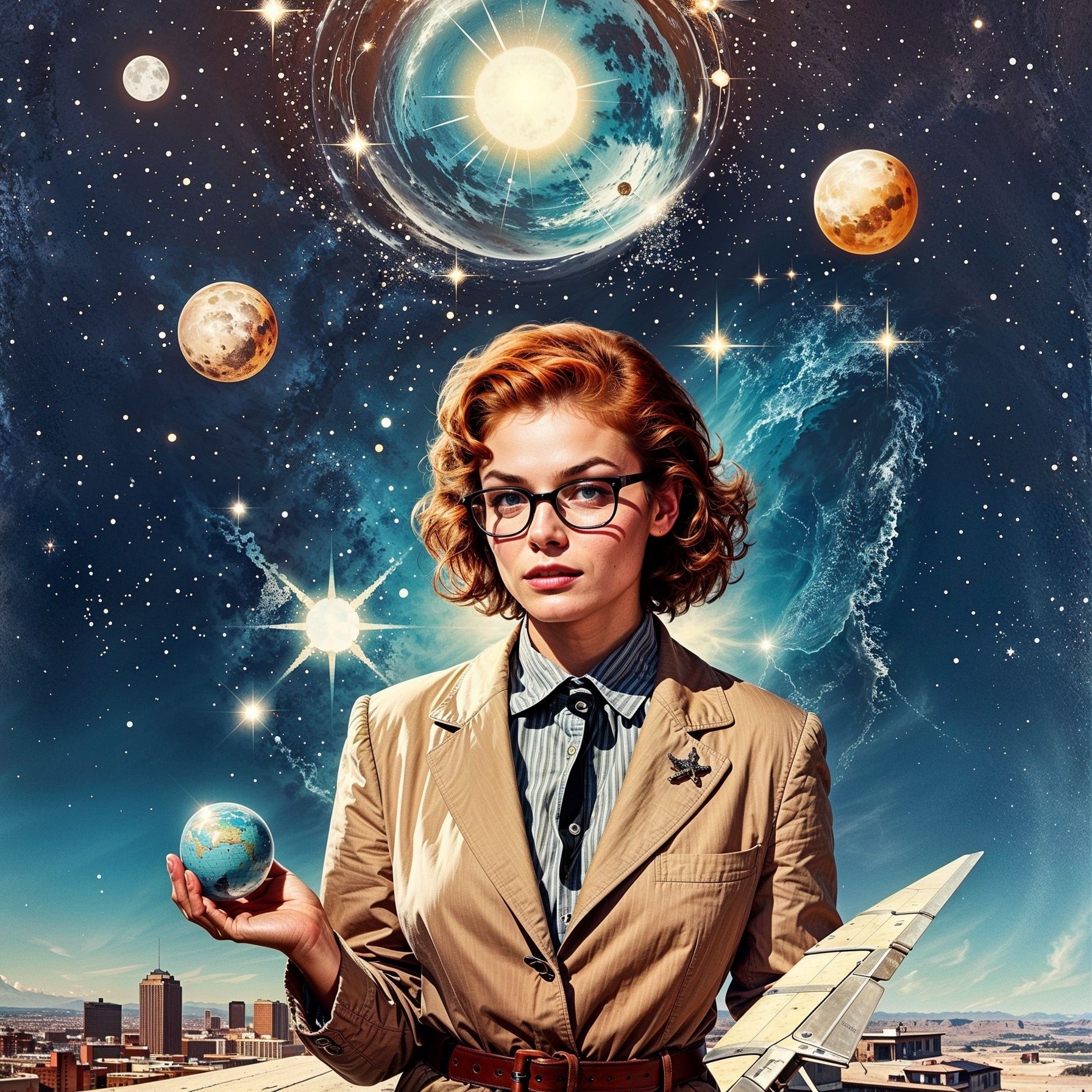 Retro-futuristic digital artwork of a red-haired woman in vintage glasses and a beige blazer, standing on a rooftop with a cityscape below and a cosmic sky above. She holds a small globe in one hand and a model spacecraft wing in the other. Behind her, luminous planets, stars, and nebulae fill the night sky, evoking themes of astronomy, exploration, and female empowerment in science and space.
