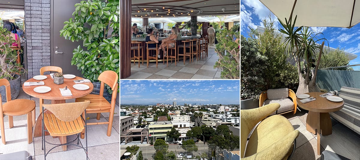Rooftop terrace and dining area at Calabra, Santa Monica Proper Hotel, featuring ocean views, modern Mediterranean décor, and cozy seating surrounded by greenery