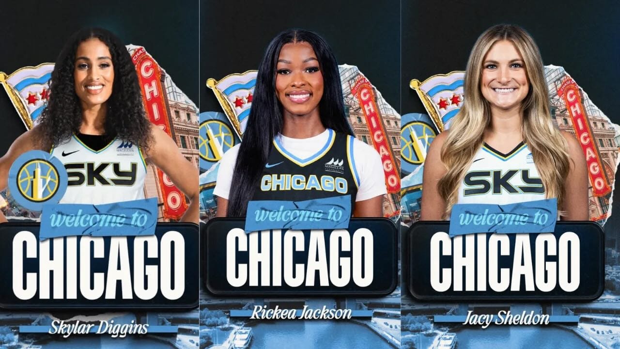WNBA players Skylar Diggins, Rickea Jackson, and Jacy Sheldon pose in a Chicago Sky graphic.