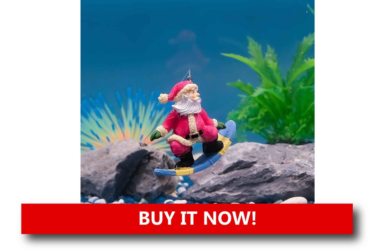 Floating Christmas-Themed Toys Alt text: A floating candy cane-shaped toy gently bobbing on the surface of a freshwater aquarium with tetras swimming underneath.