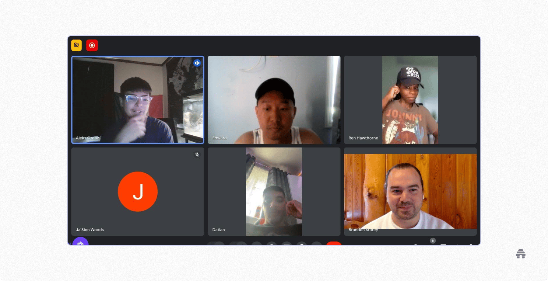 A virtual meeting with multiple participants on a video conferencing platform, showing a mix of live video feeds and profile icons, with one speaker highlighted and others muted during an online discussion or team session.