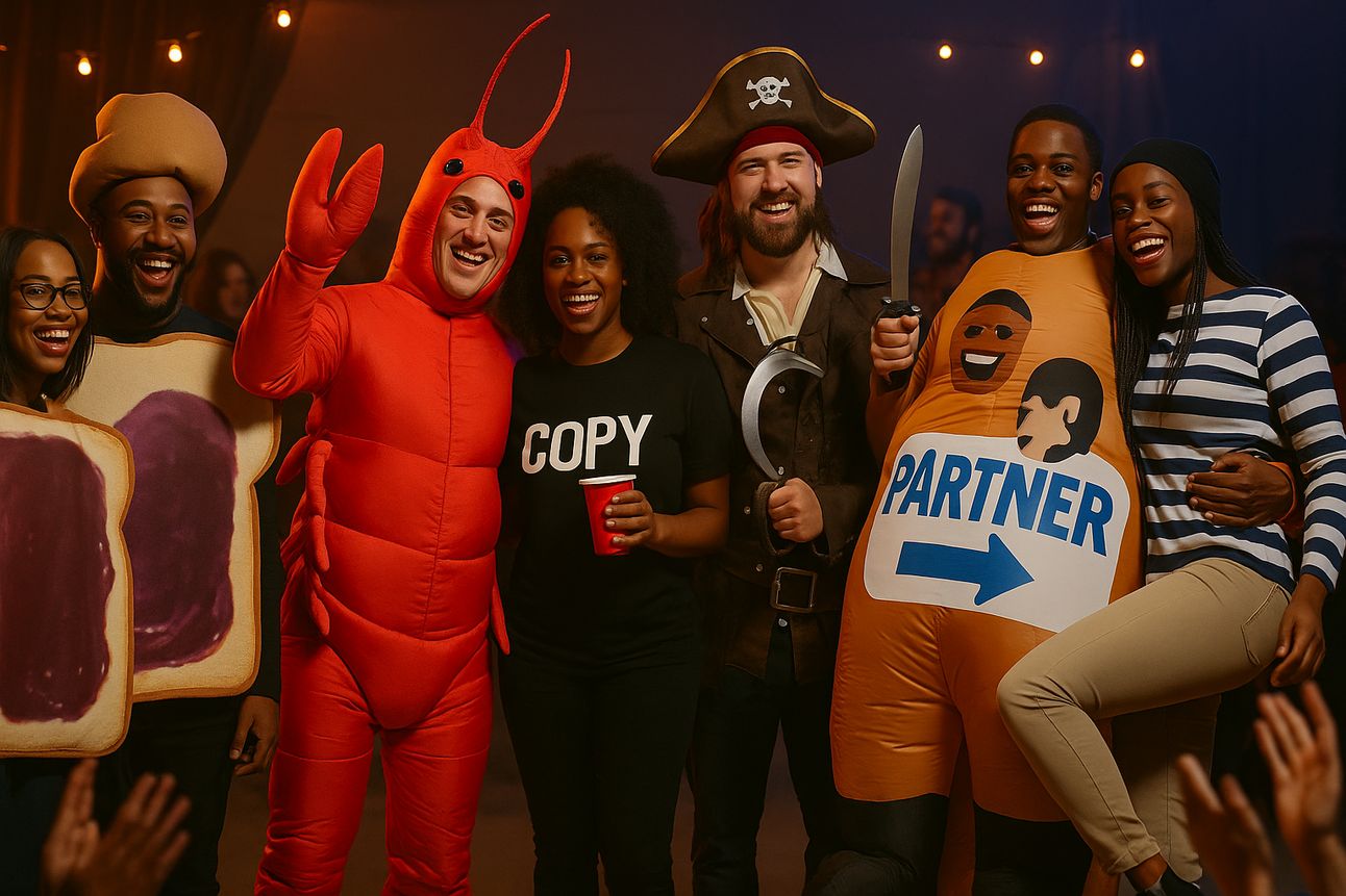 Four couples at a lively Halloween costume party pose together in playful and creative outfits. Costumes include a peanut butter and jelly pair, a lobster with a partner in a "COPY" shirt, a pirate and prisoner duo, and an inflatable costume labeled "PARTNER" featuring cartoon faces. The group, which includes Black individuals, smiles brightly under warm string lights with a cheering crowd in the background.