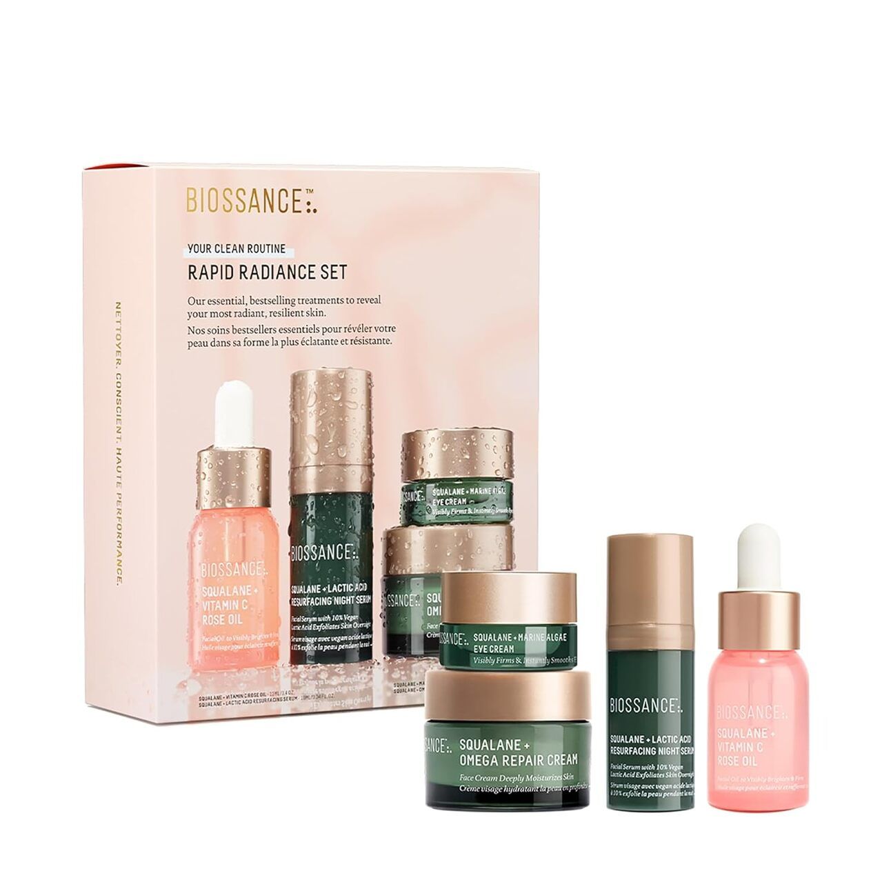 Biossance Rapid Radiance Kit Biossance gift set with squalane-based products in green and white packaging, including a serum, cleanser, and cream, arranged on eco-friendly display props.