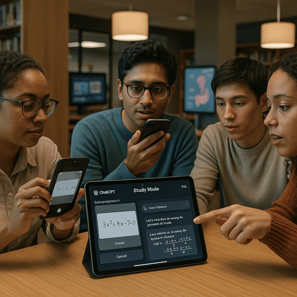 Four college students are gathered around a tablet on a study table, each using a different device to explore a math problem. One student points to the tablet screen, which displays the ChatGPT Study Mode interface solving a polynomial equation step-by-step. Another holds a phone camera up to an equation written on paper, while two others observe closely—one speaking into their phone’s voice interface. The group’s focused expressions suggest they’re working collaboratively, using AI tools to understand complex math concepts visually, verbally, and interactively.