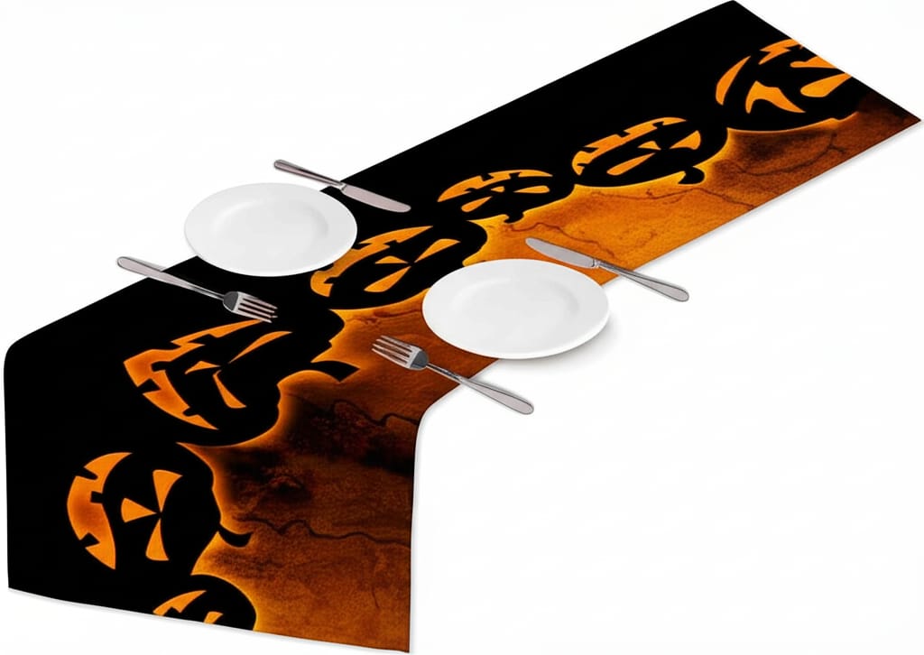 Halloween-themed table runner with jack-o'-lanterns and place settings on a white background.