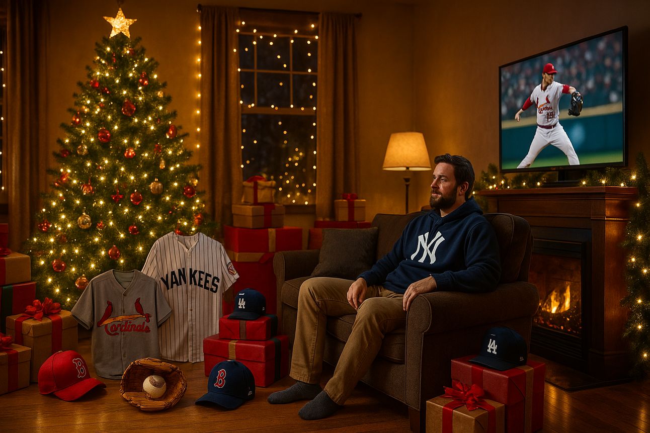 A cozy holiday living room decorated with string lights and a Christmas tree, featuring baseball memorabilia like gloves, jerseys, and caps from top MLB teams. Wrapped gifts sit near the tree, and a man in a Yankees hoodie lounges on a sofa watching a baseball game on TV, creating a warm and festive winter atmosphere.