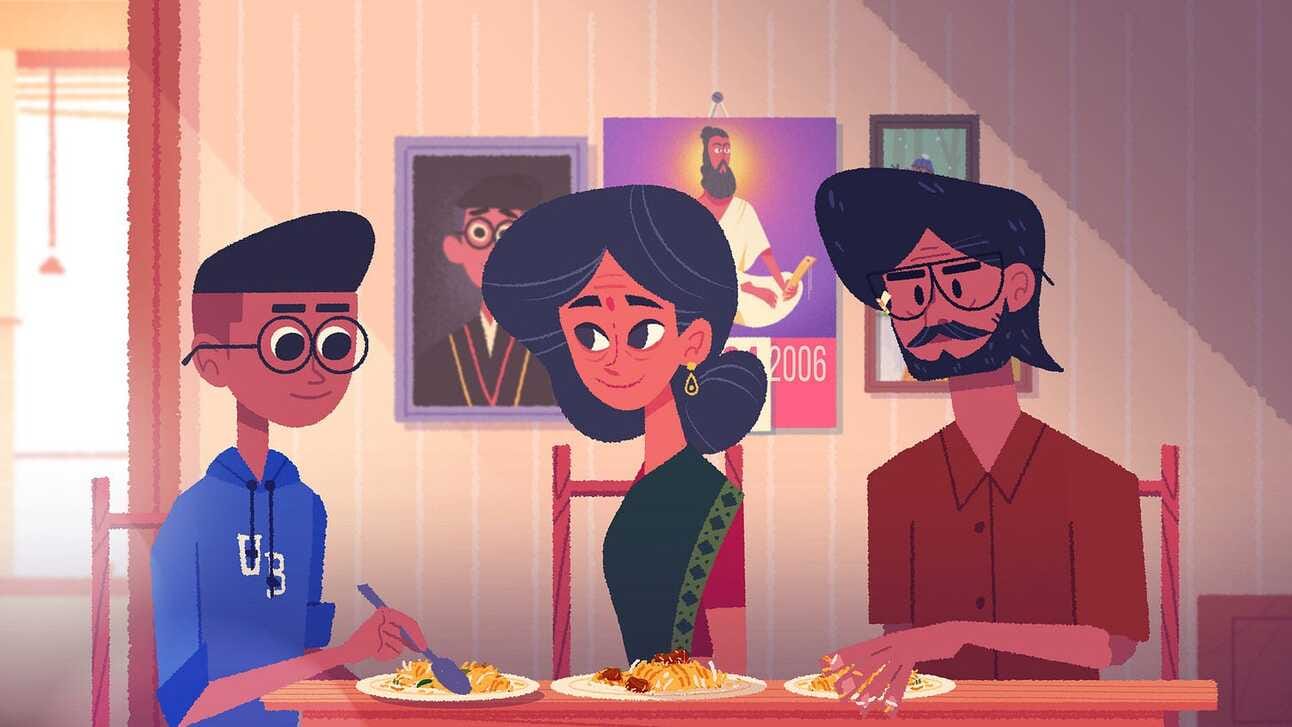 A screenshot of the three primary characters of Venba: from left to right, the son, mother, and father are all depicted here. This is taken from a specific moment in the game where the son is eating traditional Indian food with a utensil, while his father picks at it with his clearly messy fingers: the meal ends with the son furious at how his parents' food has made him feel othered at school.
