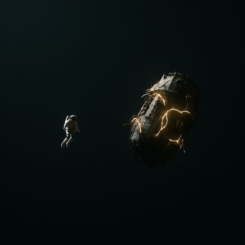 Wide shot of an astronaut and derelict spacecraft occupying a small part of the frame, surrounded by vast, empty space with stars and nebulae in the distance.
