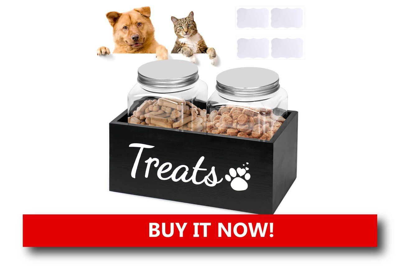 Farmhouse Pet Treat Storage Set Alt text: A rustic-style dog food container with two labeled treat jars, all featuring airtight wooden lids, arranged on a modern farmhouse kitchen counter.