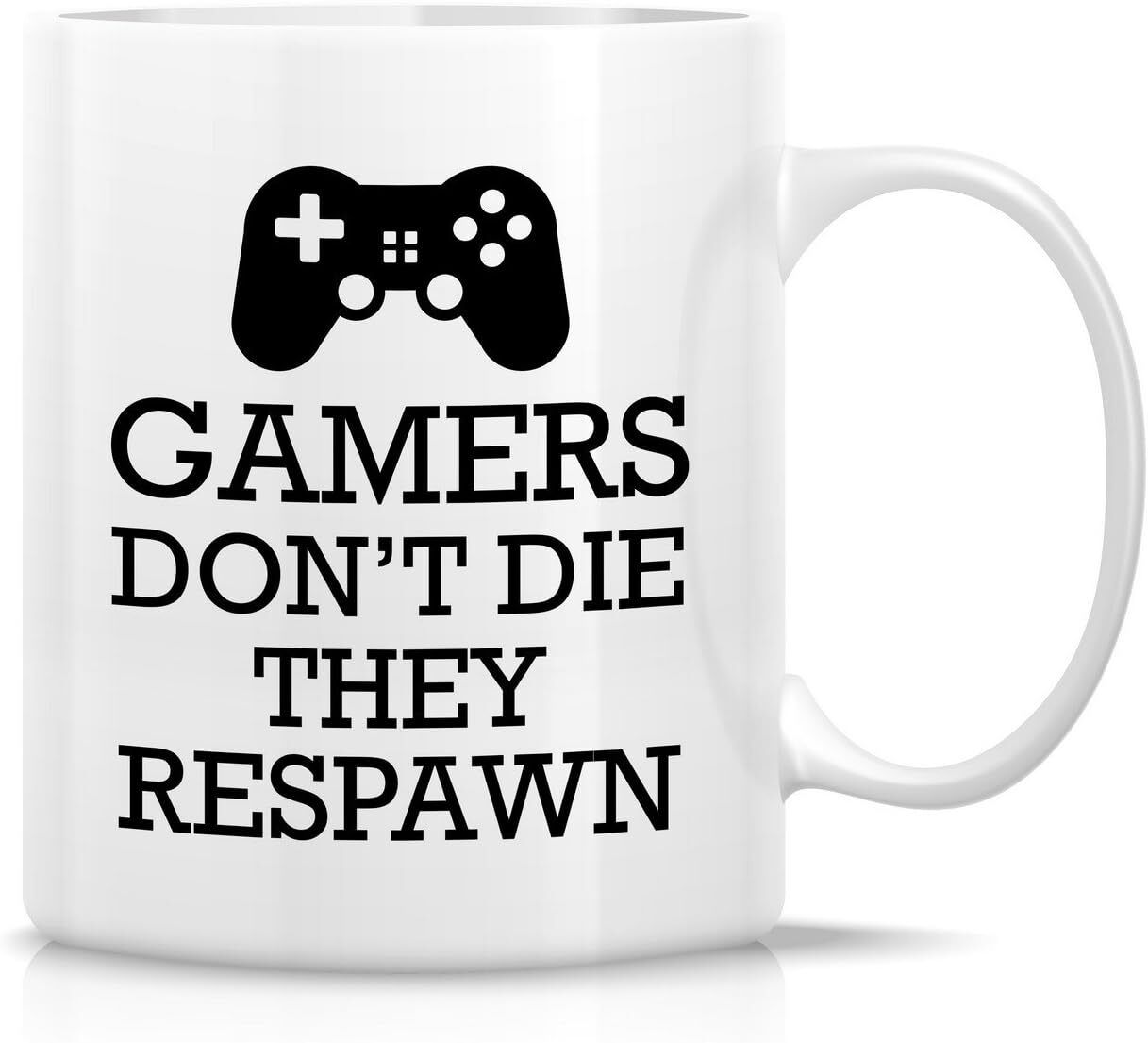 “Respawn” Mug – Energy Drink in Disguise Alt text: Coffee mug labeled “Respawn” with a health bar graphic, perfect for MMO, FPS players, and anyone who treats coffee like a power-up.