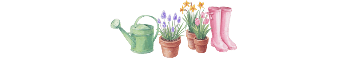 Hand-drawn illustrations of a light green watering can, three terracotta flower pots containing a mix of lavender, pink tulips, and yellow daffodils, and a pair of tall, true pink rain boots.