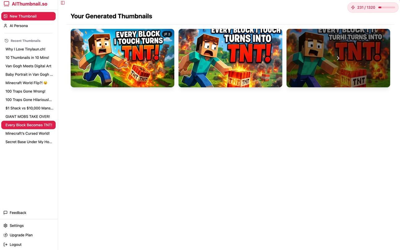 AIThumbnail.so showing "Your Generated Thumbnails" with three Minecraft TNT-themed images, 231/1320 credits, recent thumbnails list