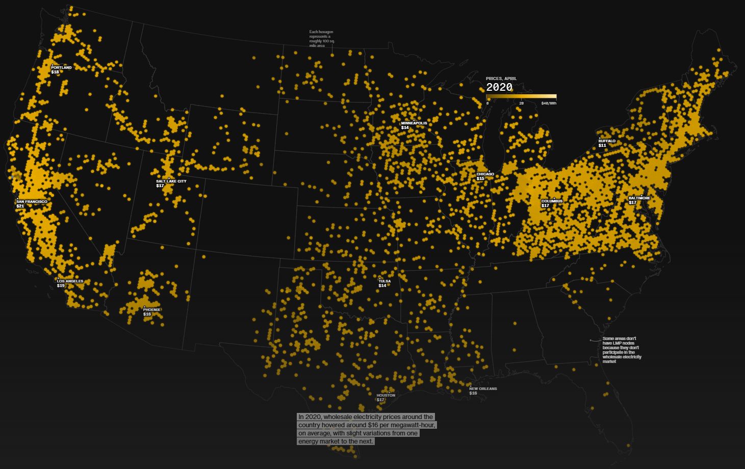 Map of the United States in 2020 with thousands of yellow dots representing wholesale electricity price nodes, showing most areas averaging around $16 per megawatt-hour with minor regional variation.