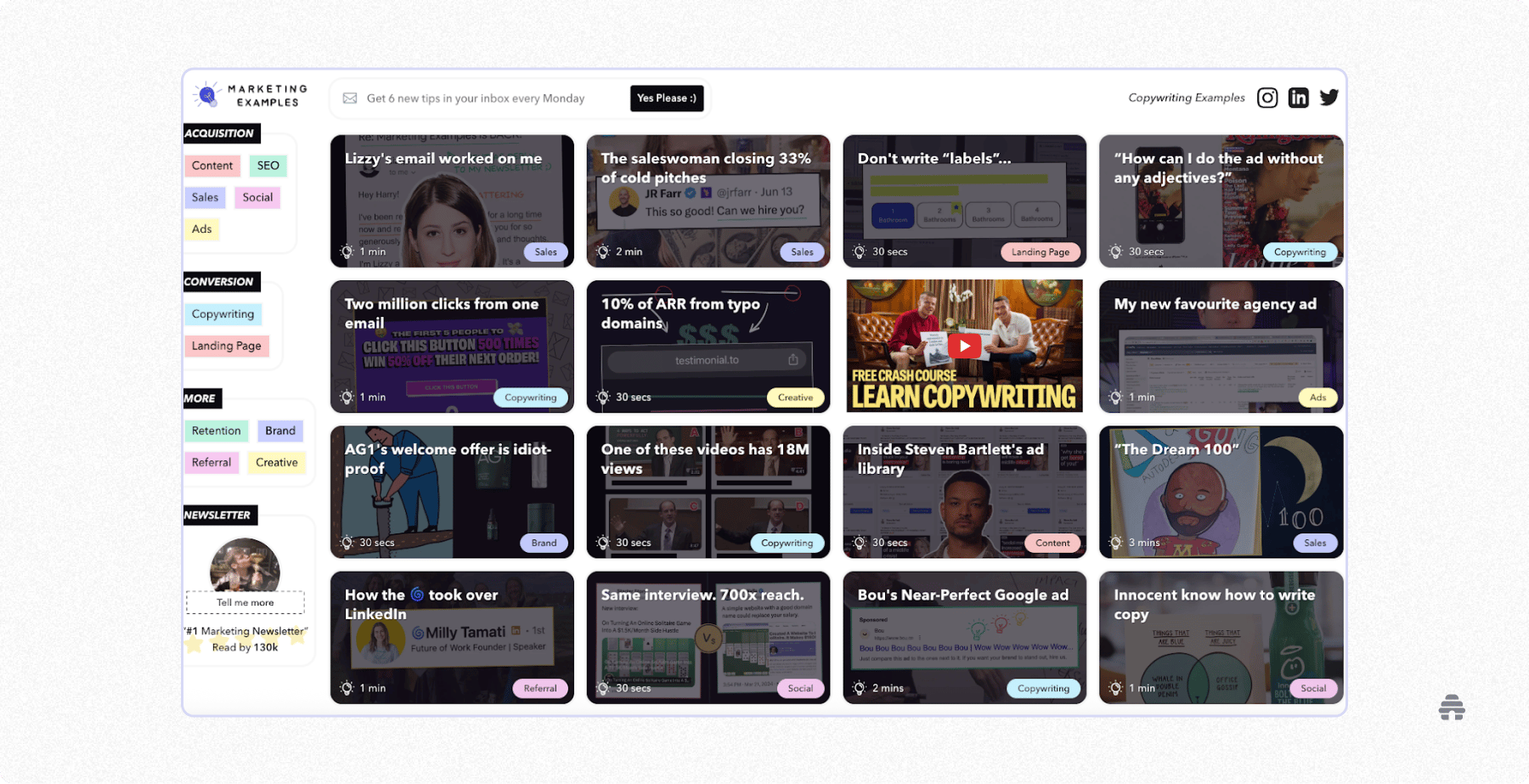 Marketing Examples homepage showing a grid of short marketing and copywriting breakdowns across acquisition, conversion, and social categories, with a newsletter signup bar offering six new tips every Monday.
