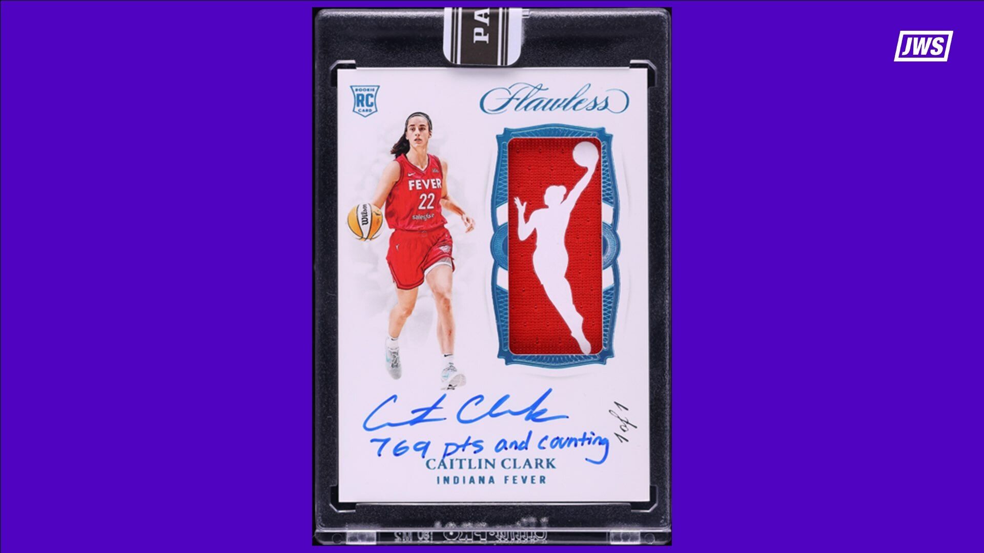 Image of signed Caitlin Clark trading card on a purple background.