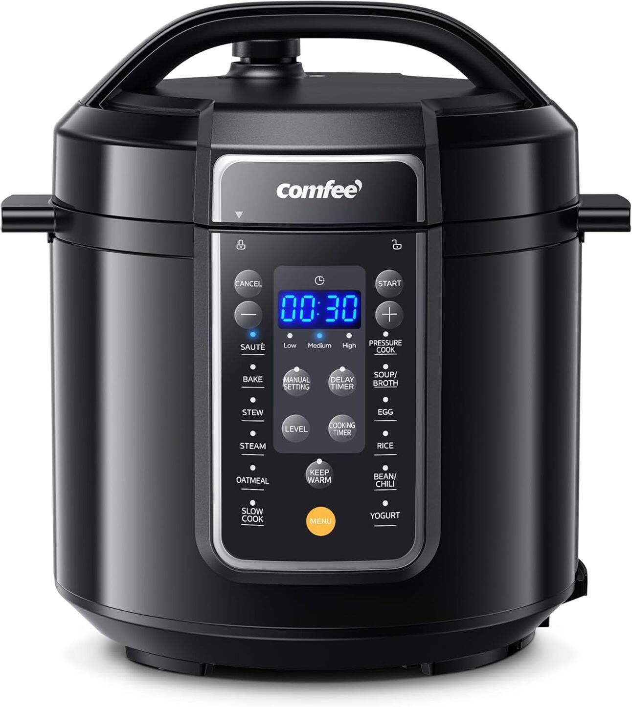 COMFEE’ 9-in-1 Electric Pressure Cooker – A compact black and silver cooker set on a small apartment kitchen counter, next to a serving bowl of rice. Emphasizes budget and space-conscious design.