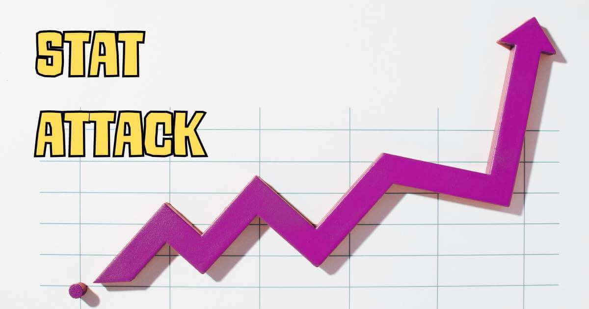 Option 1: Descriptive (accessible) "Purple upward-trending arrow graph on grid background with text 'STAT ATTACK' in bold yellow letters