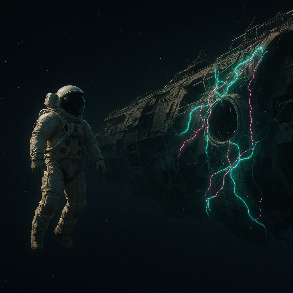 Wide shot of an astronaut positioned to the left side of the frame, floating near a derelict spacecraft covered in glowing vines with stars in the cosmic background.