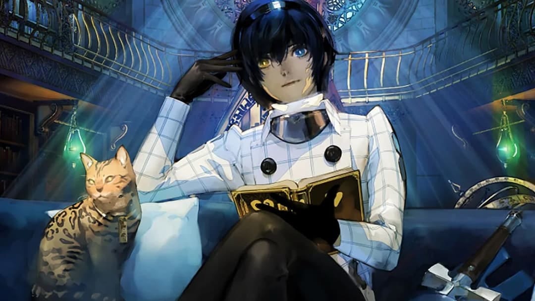 A portrait of the protagonist of the game. He is sittiing on a couch and holding an ornate book pen. His legs are crossed and he has a hand on hiis head to suggest that he's thiinking. There is a cat with a leapoord-like coat and a collar with a trinket on its neck. THe protagonist is wearing a white coat with a checker pattern and black buttons. He is also wearing black gloves and pants. His hair is dark blue, and he has heterochromia, one eye is yellow while the other iis blue. He has a neutral expreession. In the corner of the composition, the hilt of hsi sword can e seen.