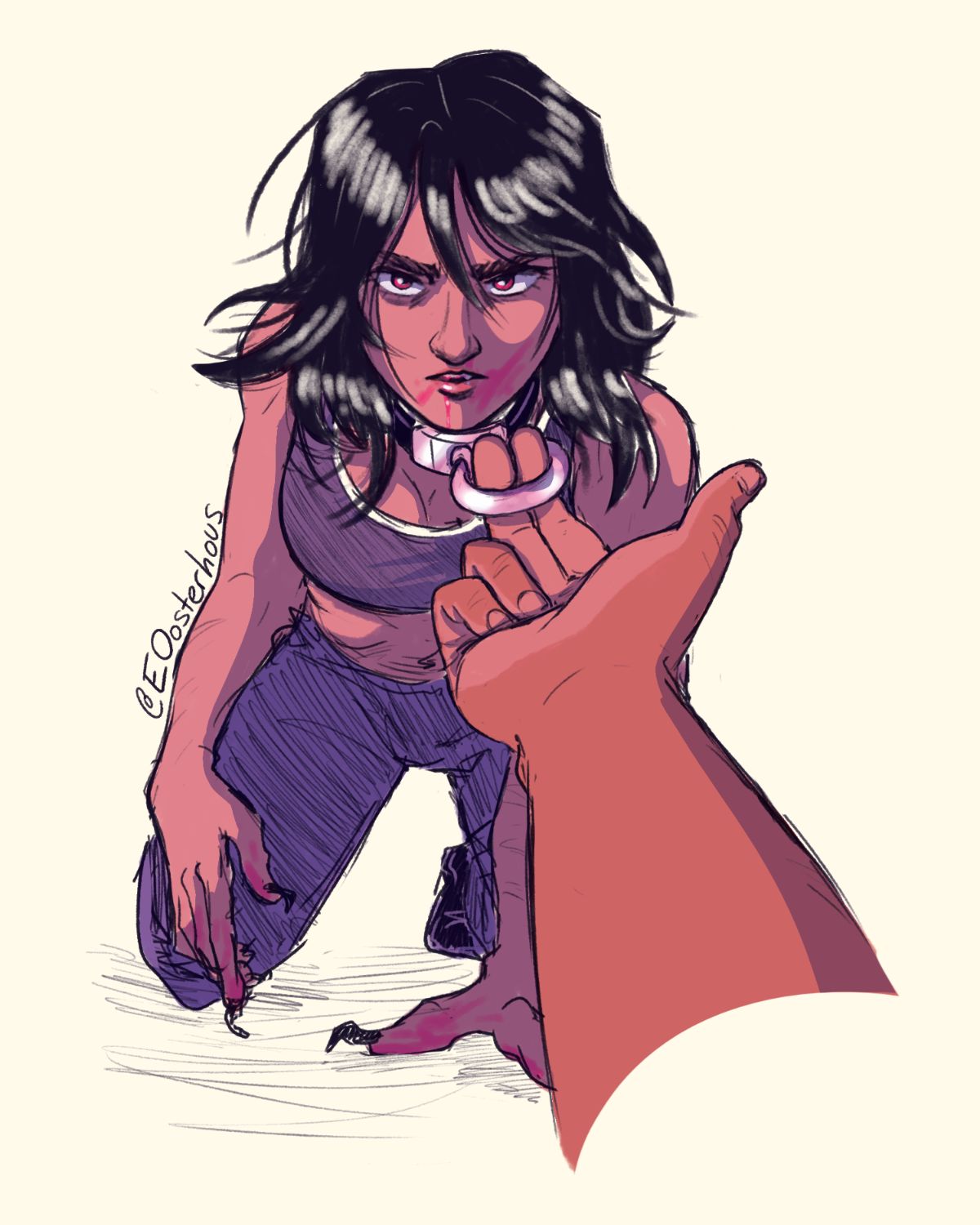 Illustration by Emma Oosterhous of Wayne from The Shepherd's Sword on her knees as Shep pulls on her collar.