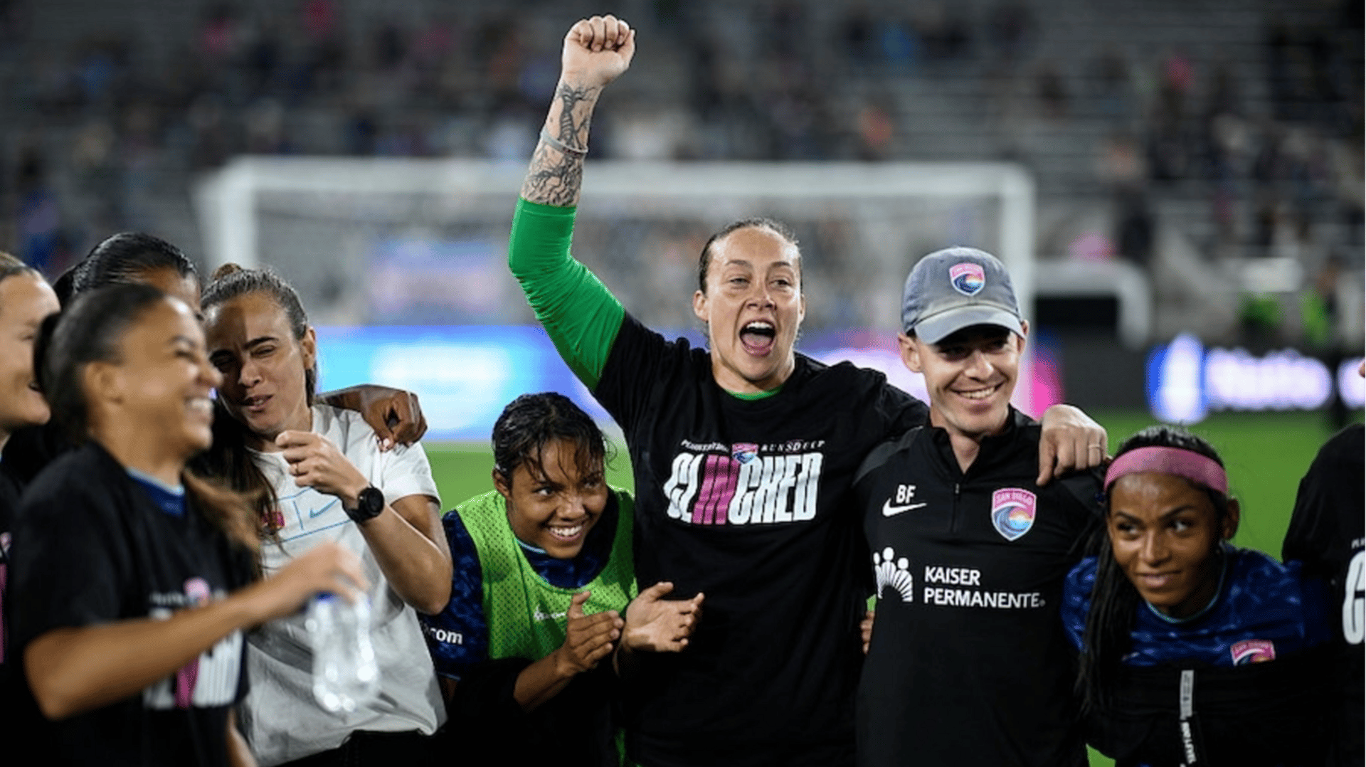 Kailen Sheridan #1 and Gia Corley #11 of San Diego Wave FC celebrate the clinch to the playoffs after the NWSL match between San Diego Wave and Chicago Stars