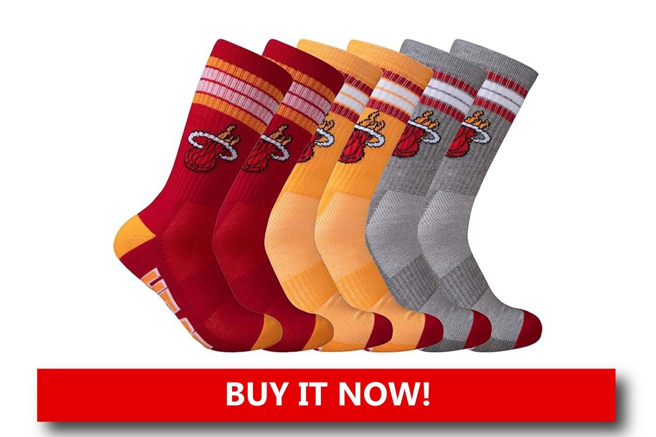 Miami Heat Team Stripe Socks A pair of crew socks in red, black, and white with team stripes and Heat logo near the cuff, laid flat or worn to highlight their stylish pattern and sporty texture.
