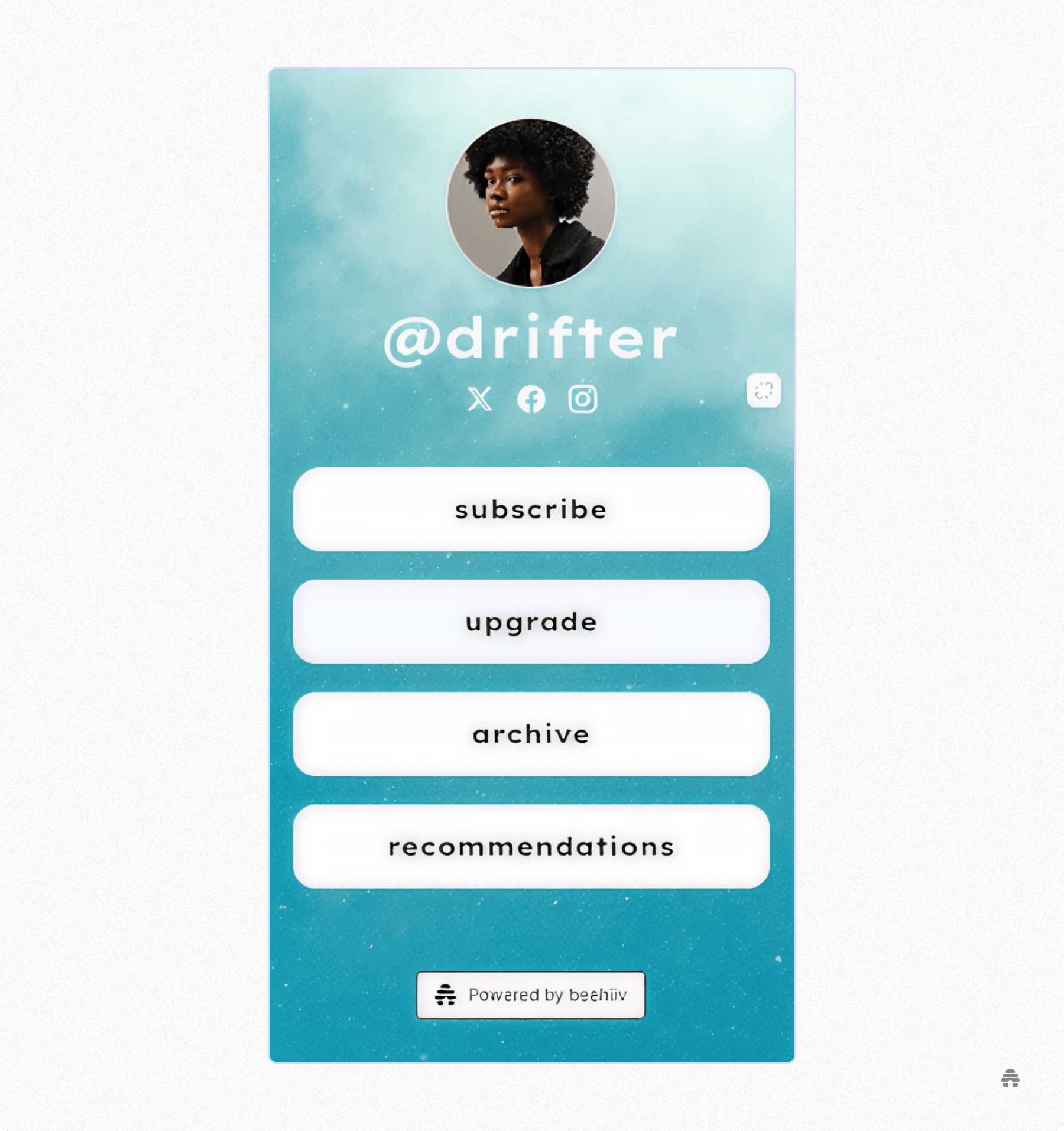 beehiiv creator profile page for @drifter displaying profile photo, social media links, and buttons for subscribe, upgrade, archive, and recommendations, showcasing how newsletter creators can customize and share their personal landing page.